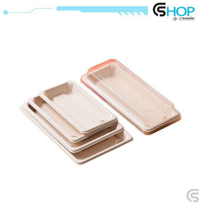 Bandeja completa con tapa transparente antivaho para sushi de caña de azúcar 165mm x 115mm x 21mm