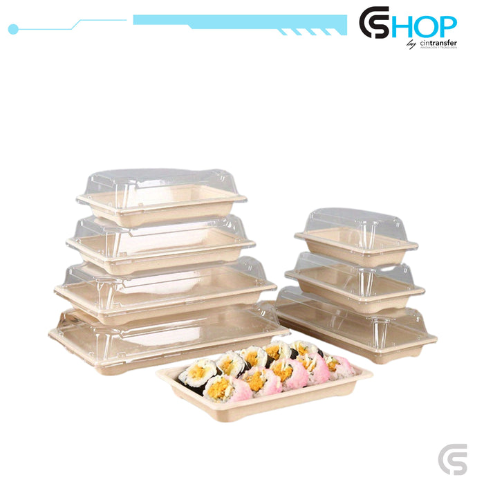 Bandeja completa con tapa transparente antivaho para sushi de caña de azúcar 221mm x 92mm x 22mm
